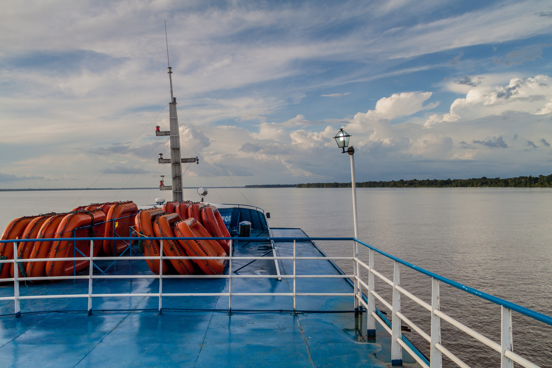 AMAZON, BRAZIL - JUNE 30, 2015: Upper deck of a  passenger river boat on Amazon river.